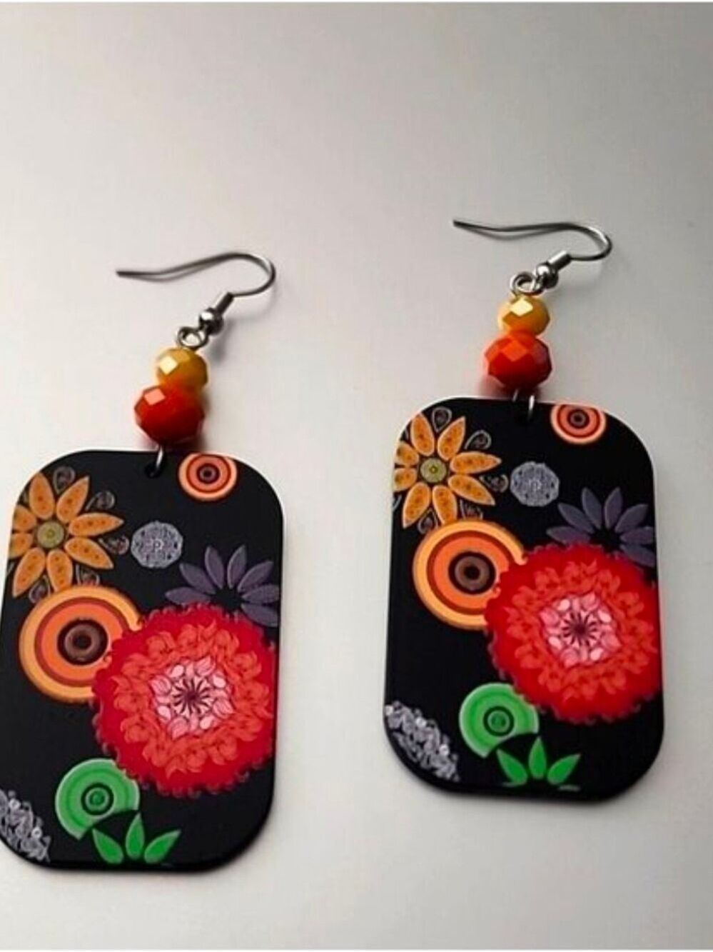 BOHEMIAN Flower Earrings yellow Red Orange Fall Colors  Enamal